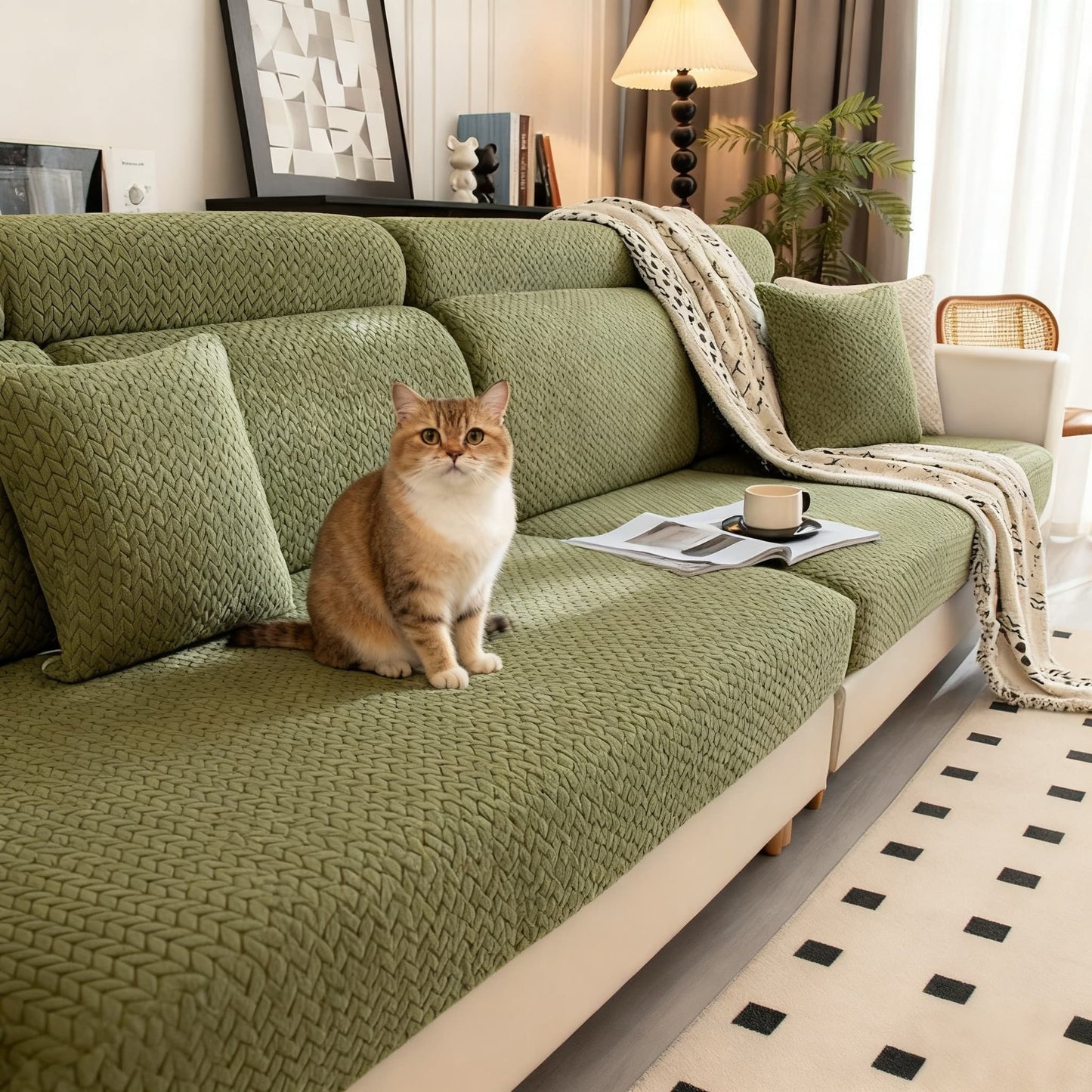 Living Room Makeover in 3 Seconds, Shower Cap Style Sofa Cover, Stays Put, Pet Friendly, Hair & Scratch Resistant
