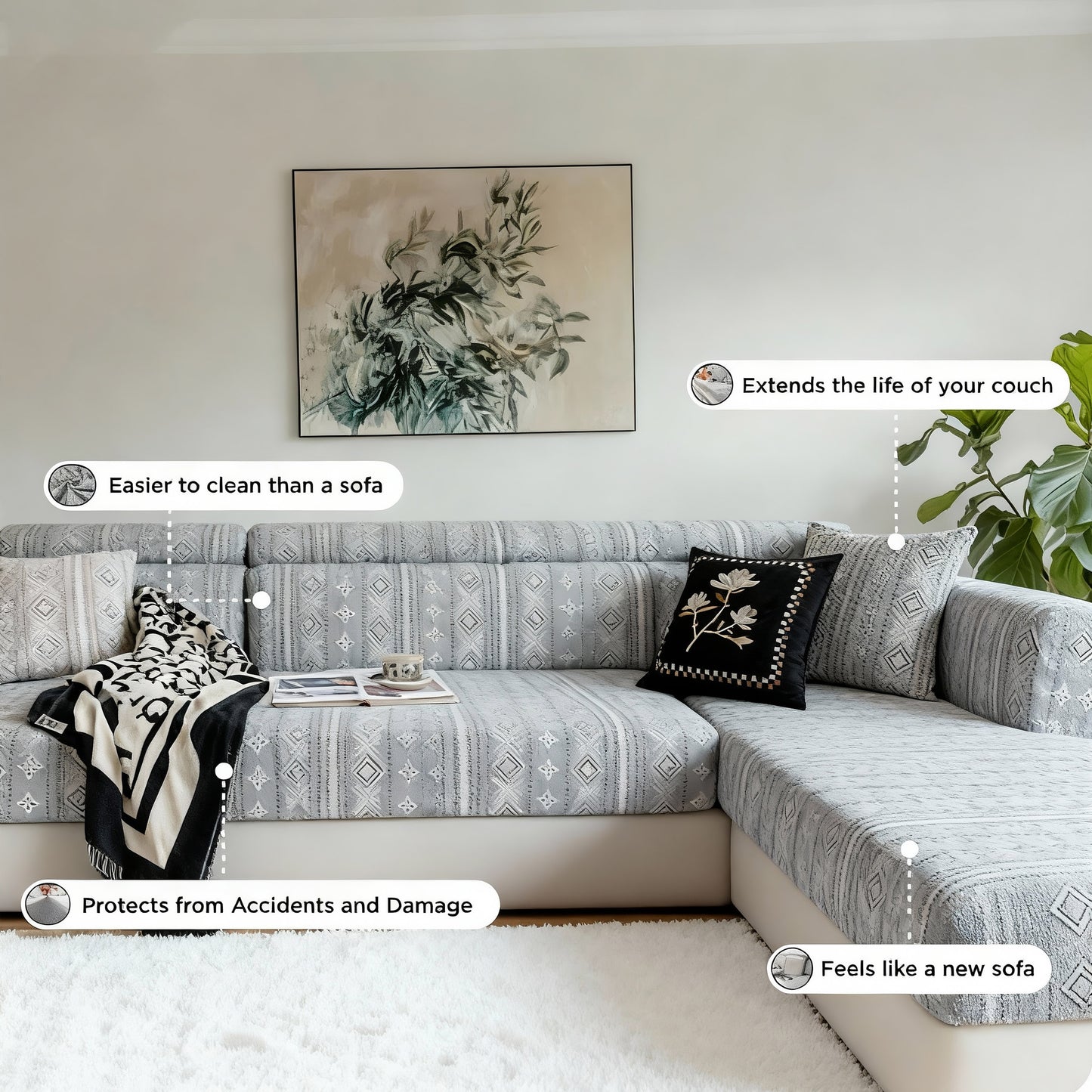 Non-slip sofa cover with silicone grippers on the back, preventing slips and keeping the fit secure on cushions.