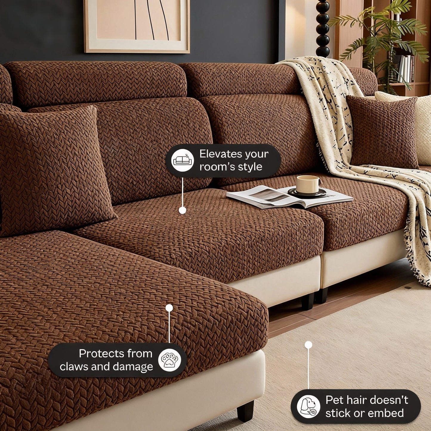 Living Room Makeover in 3 Seconds, Shower Cap Style Sofa Cover, Stays Put, Pet Friendly, Hair & Scratch Resistant