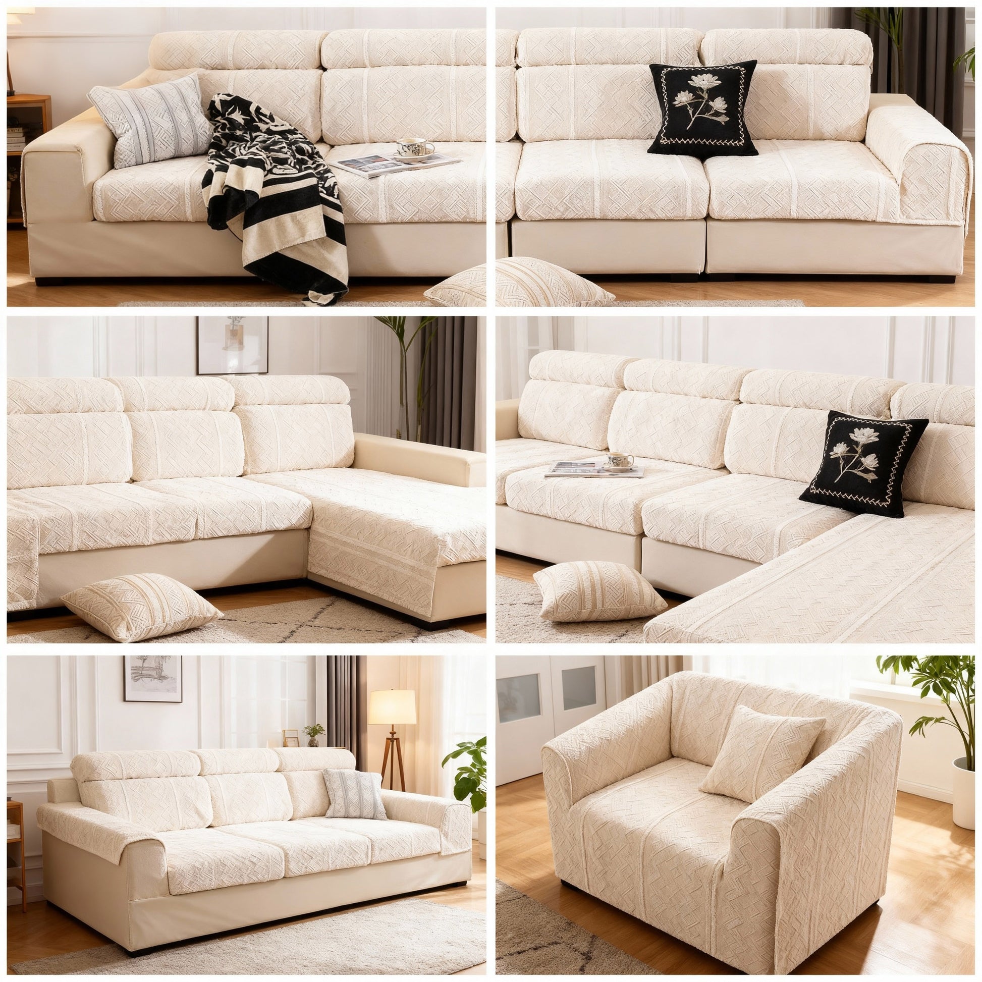 Universal fit stretch sofa cover designed to fit various couch types including sectional, loveseat, and chaise.