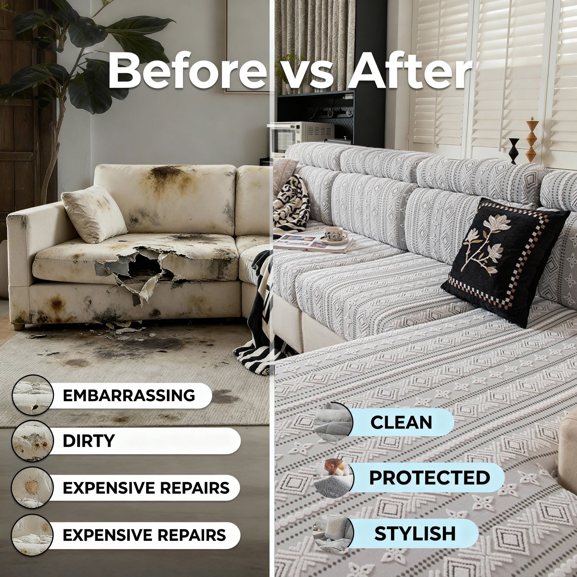 Before and after: Transform your old, scratched sofa with a new, clean and tight-fitting stretch sofa slipcover.