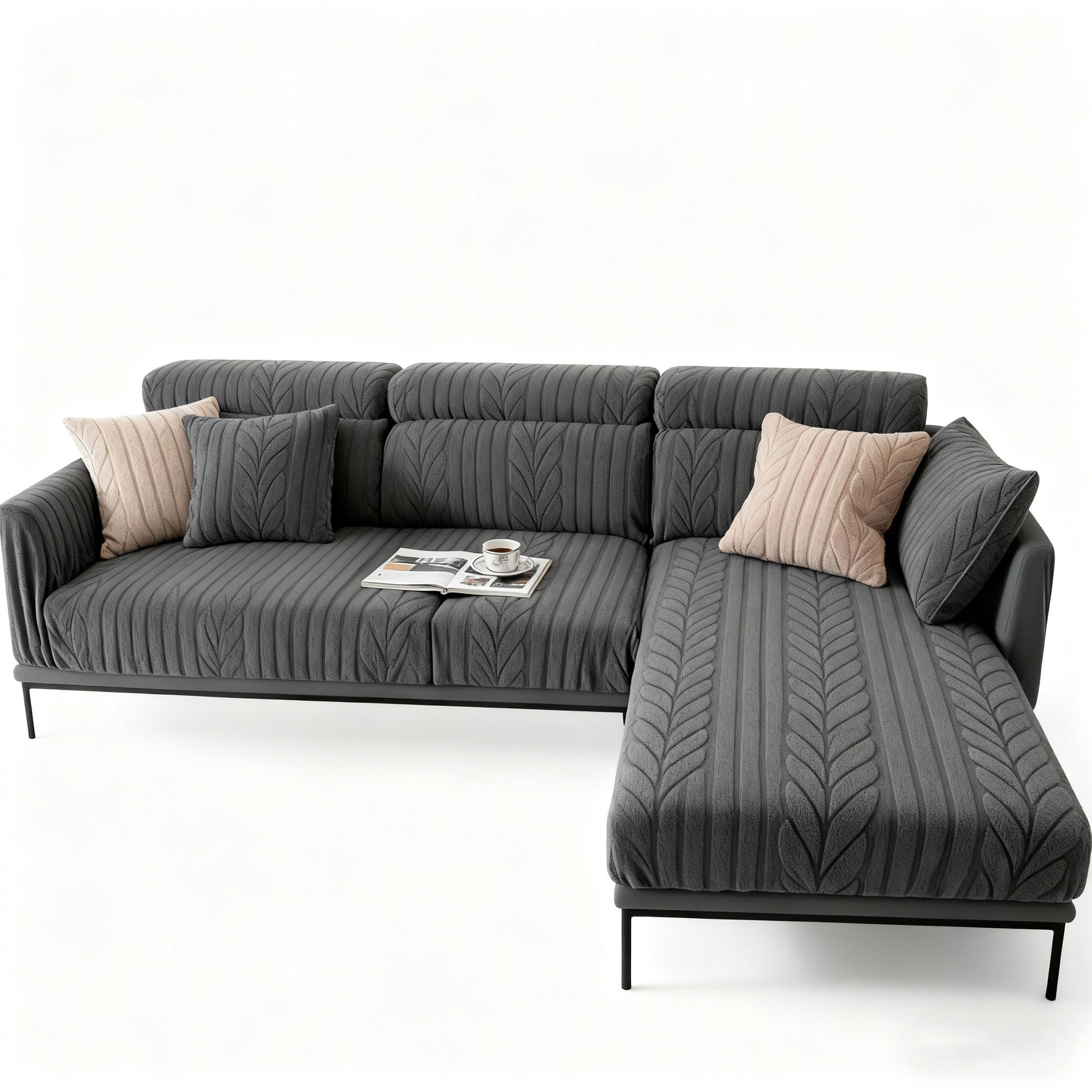 - Modern Minimalist Sofa Cover, Small-Space Living Room Scene, Dark Gray Elastic Sofa Cover, Fits Various Sofa Curves