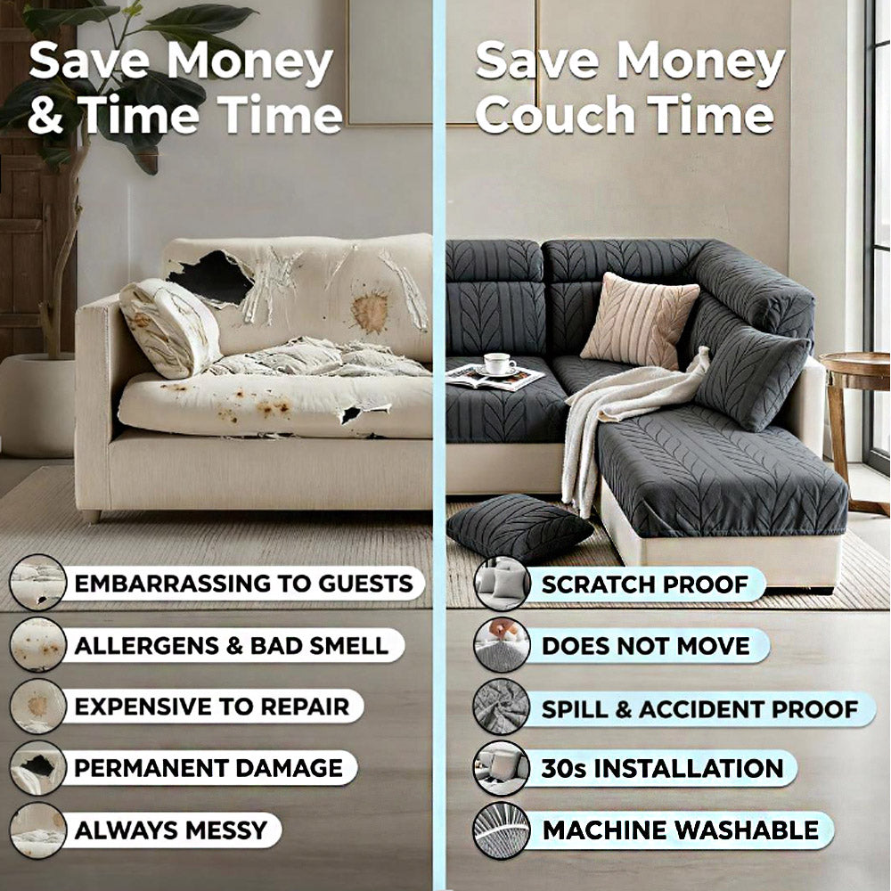 - Ordinary Sofa Cover vs Our Sofa Cover, Non-Slip Comparison, No Shifting vs Easy Sliding, Visible Quality