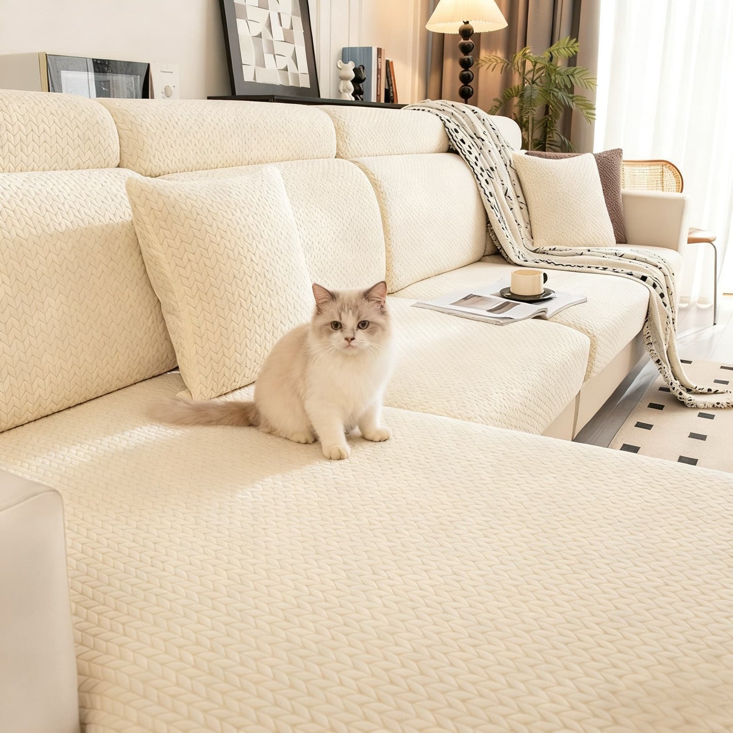 Living Room Makeover in 3 Seconds, Shower Cap Style Sofa Cover, Stays Put, Pet Friendly, Hair & Scratch Resistant