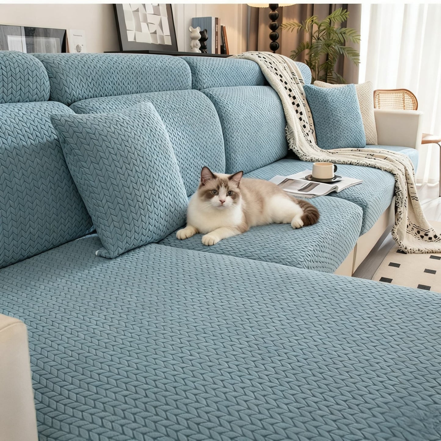 Living Room Makeover in 3 Seconds, Shower Cap Style Sofa Cover, Stays Put, Pet Friendly, Hair & Scratch Resistant