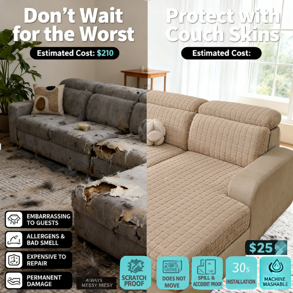 Sofa cover effect comparison: unprotected sofa (cat scratches) vs protected (scratch-resistant cover) - durable & easy to clean